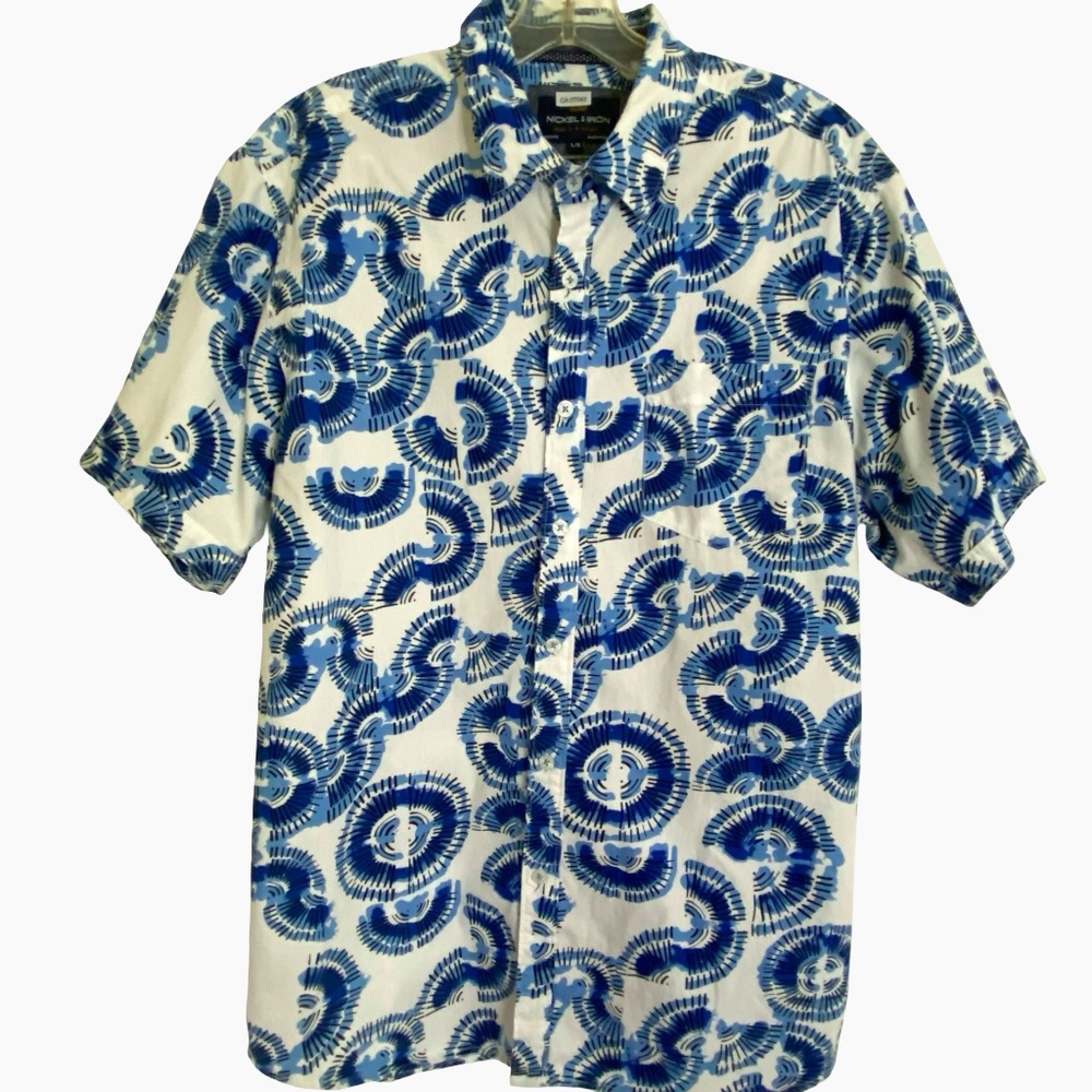 Nickel & Iron Mens Blue/White Cotton Summer Vacation Coastal Shirt- Sz-L